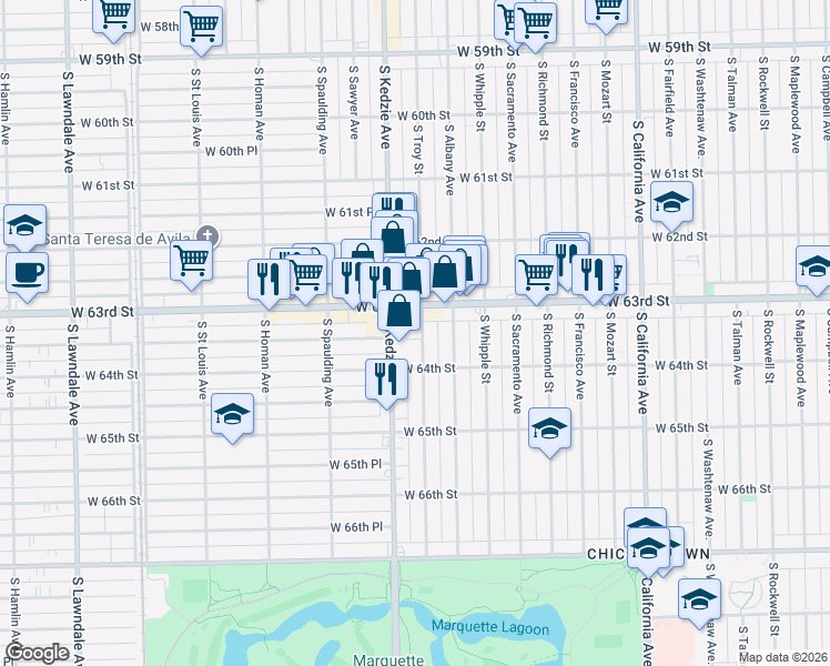 map of restaurants, bars, coffee shops, grocery stores, and more near 6328 South Troy Street in Chicago