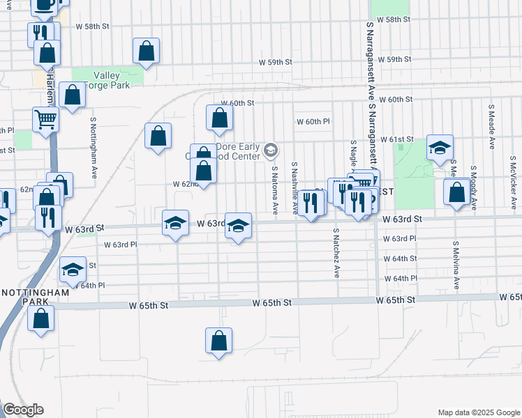map of restaurants, bars, coffee shops, grocery stores, and more near 6244 South Normandy Avenue in Chicago