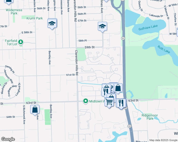 map of restaurants, bars, coffee shops, grocery stores, and more near 6158 Knoll Way Drive in Willowbrook