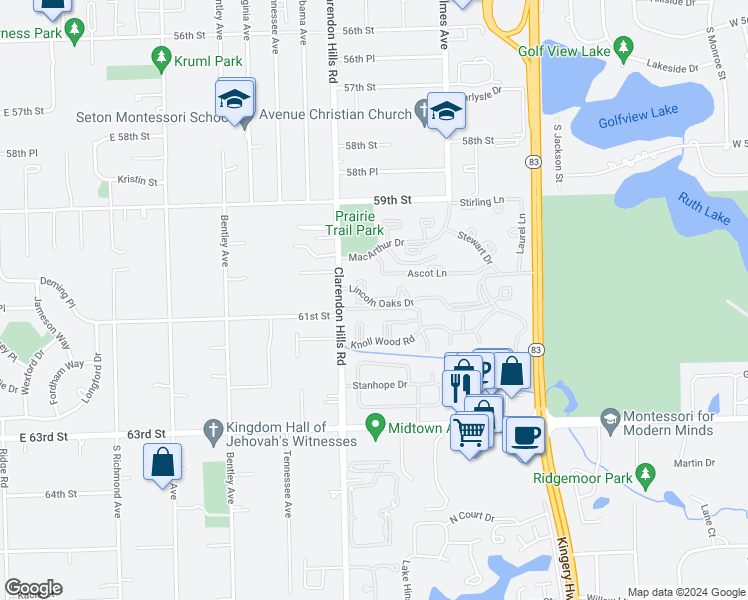 map of restaurants, bars, coffee shops, grocery stores, and more near 222 Lincoln Oaks Drive in Willowbrook