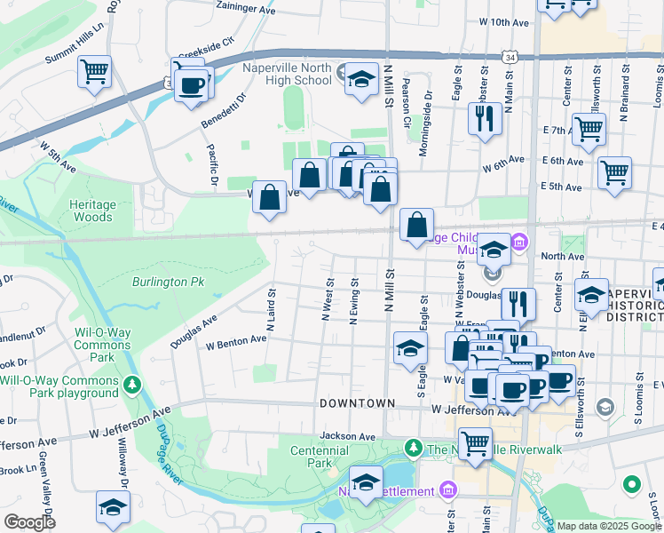 map of restaurants, bars, coffee shops, grocery stores, and more near 505 Douglas Avenue in Naperville
