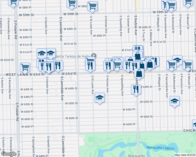 map of restaurants, bars, coffee shops, grocery stores, and more near 3438 West 63rd Place in Chicago