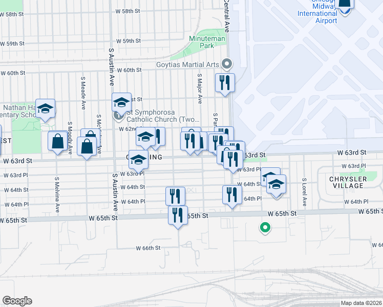 map of restaurants, bars, coffee shops, grocery stores, and more near 5718 West 63rd Street in Chicago