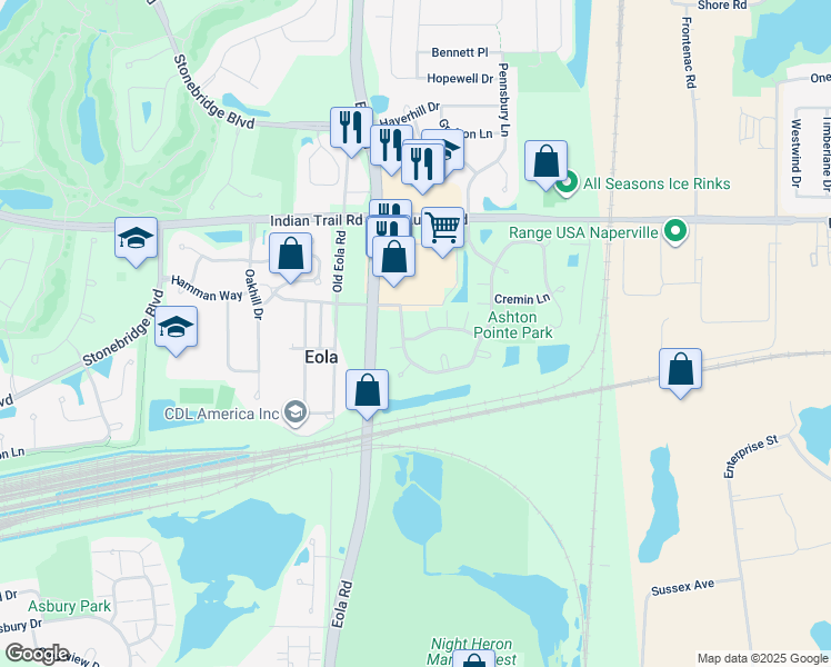 map of restaurants, bars, coffee shops, grocery stores, and more near 3104 Ollerton Avenue in Aurora