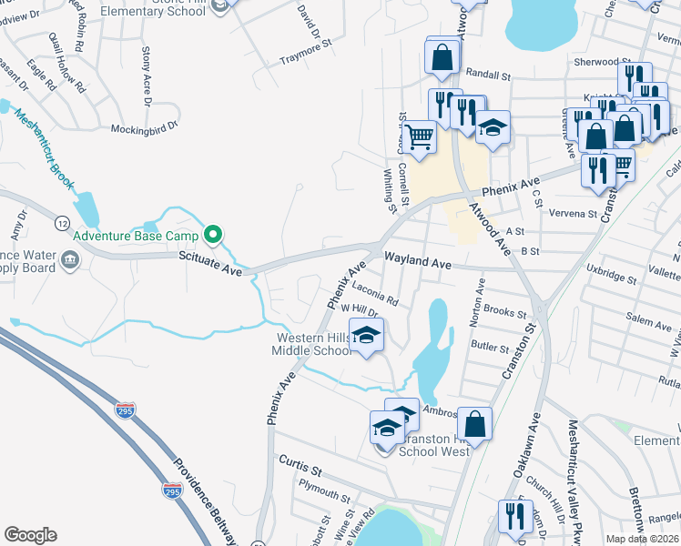 map of restaurants, bars, coffee shops, grocery stores, and more near 5 Laconia Road in Cranston