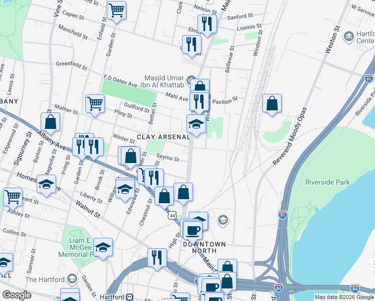 map of restaurants, bars, coffee shops, grocery stores, and more near 1713 Main Street in Hartford