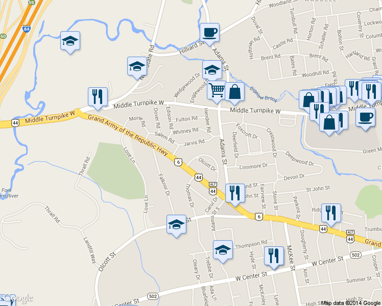 map of restaurants, bars, coffee shops, grocery stores, and more near 101 Olcott Dr in Manchester