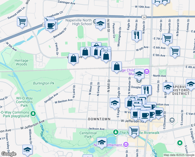 map of restaurants, bars, coffee shops, grocery stores, and more near 505 Douglas Avenue in Naperville
