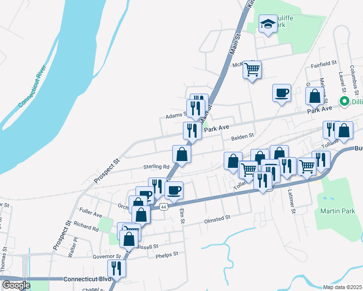 map of restaurants, bars, coffee shops, grocery stores, and more near 1451 Main Street in East Hartford