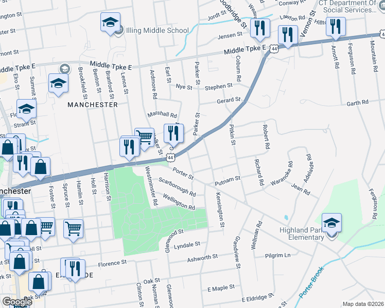 map of restaurants, bars, coffee shops, grocery stores, and more near 20 Green Hill Street in Manchester