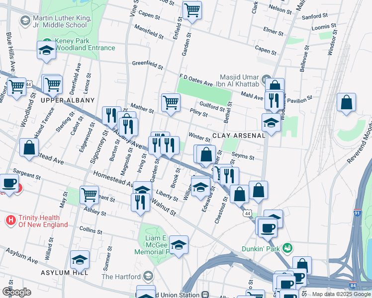 map of restaurants, bars, coffee shops, grocery stores, and more near 92 Brook Street in Hartford
