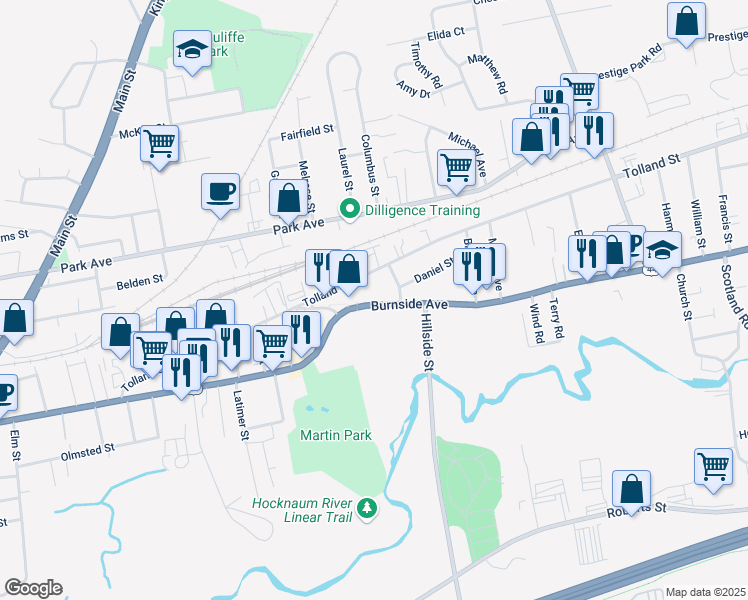 map of restaurants, bars, coffee shops, grocery stores, and more near 410 Burnside Avenue in East Hartford