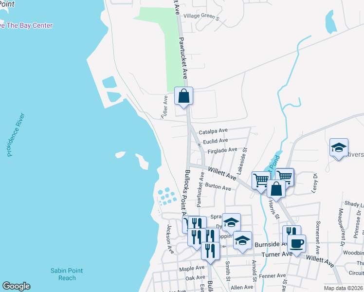 map of restaurants, bars, coffee shops, grocery stores, and more near 25 Bullocks Point Avenue in East Providence