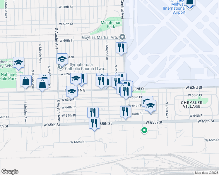 map of restaurants, bars, coffee shops, grocery stores, and more near 5643 West 63rd Street in Chicago