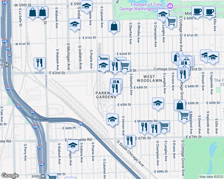 map of restaurants, bars, coffee shops, grocery stores, and more near 6400 South Doctor Martin Luther King Junior Drive in Chicago