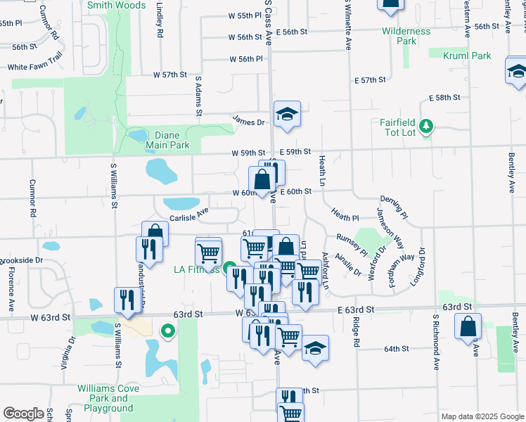 map of restaurants, bars, coffee shops, grocery stores, and more near 6022 Cass Avenue in Westmont