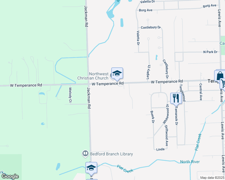 map of restaurants, bars, coffee shops, grocery stores, and more near 1601 West Temperance Road in Temperance