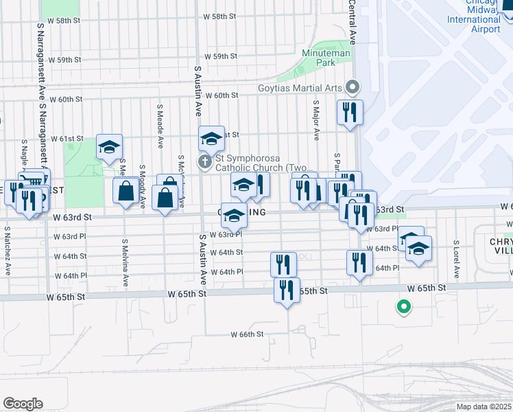 map of restaurants, bars, coffee shops, grocery stores, and more near 5835 West 63rd Street in Chicago