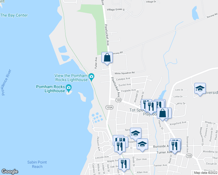 map of restaurants, bars, coffee shops, grocery stores, and more near 41 Bullocks Point Avenue in East Providence