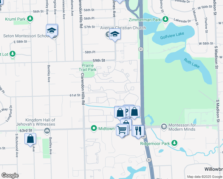 map of restaurants, bars, coffee shops, grocery stores, and more near 82 Lincoln Oaks Drive in Willowbrook