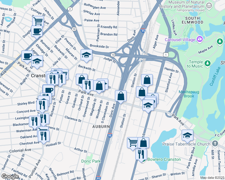 map of restaurants, bars, coffee shops, grocery stores, and more near 96 North Clarendon Street in Cranston