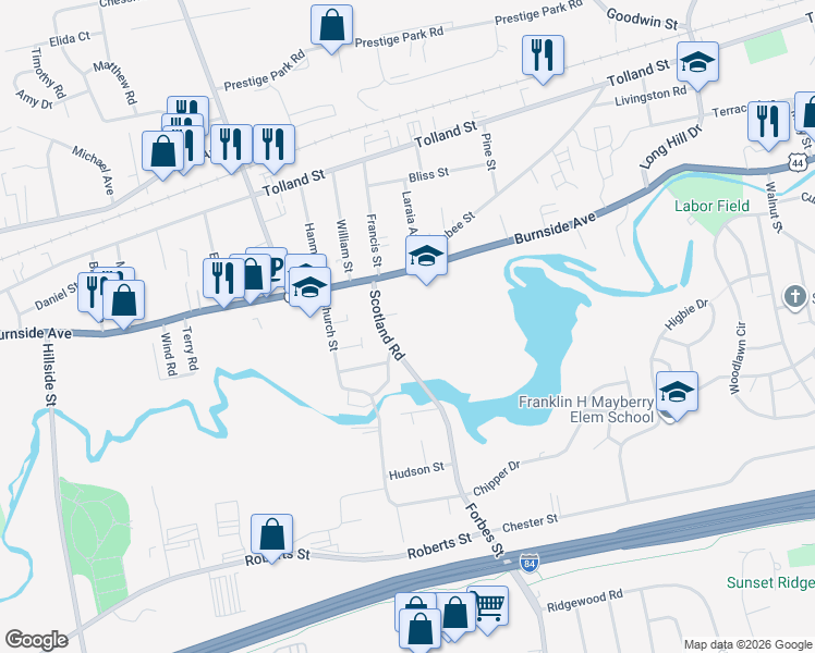 map of restaurants, bars, coffee shops, grocery stores, and more near 50 Scotland Road in East Hartford