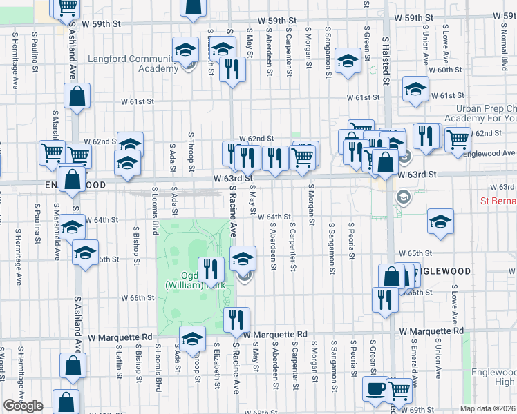 map of restaurants, bars, coffee shops, grocery stores, and more near 1110 West 64th Street in Chicago
