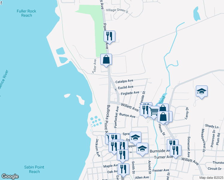 map of restaurants, bars, coffee shops, grocery stores, and more near 3501 Pawtucket Avenue in East Providence