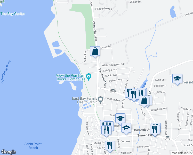map of restaurants, bars, coffee shops, grocery stores, and more near 41 Bullocks Point Avenue in East Providence