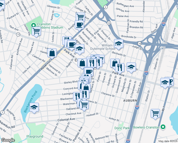 map of restaurants, bars, coffee shops, grocery stores, and more near 25 Rolfe Square in Cranston
