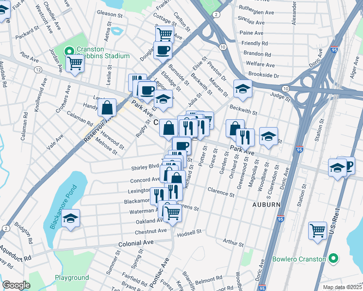 map of restaurants, bars, coffee shops, grocery stores, and more near 25 Rolfe Square in Cranston