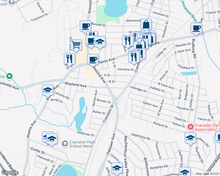 map of restaurants, bars, coffee shops, grocery stores, and more near 44 Wayland Avenue in Cranston