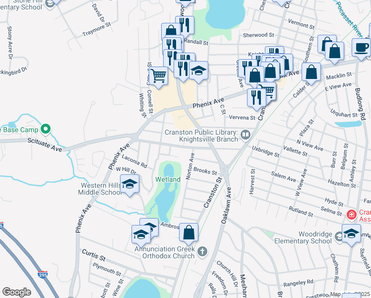 map of restaurants, bars, coffee shops, grocery stores, and more near 15 Norton Avenue in Cranston
