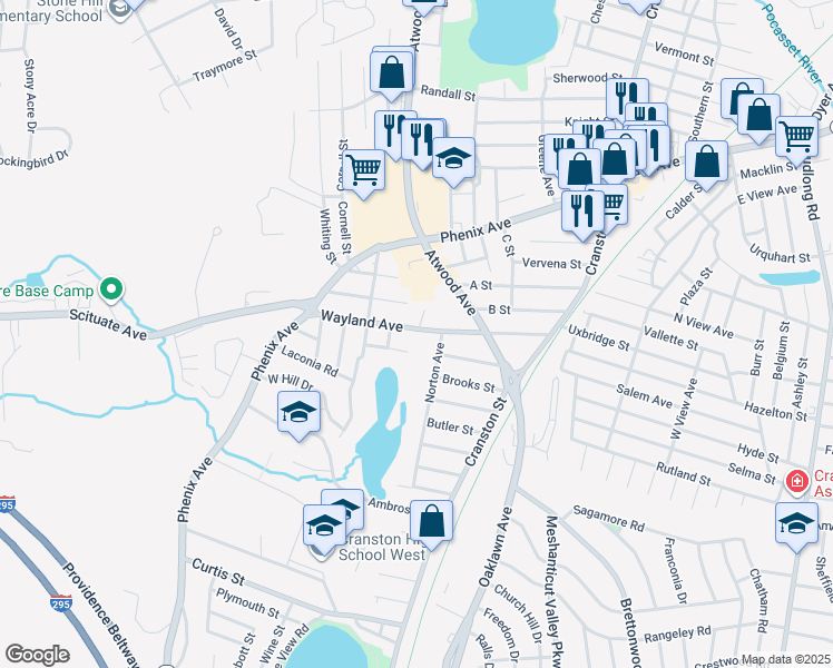 map of restaurants, bars, coffee shops, grocery stores, and more near 15 Norton Avenue in Cranston