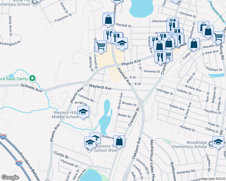 map of restaurants, bars, coffee shops, grocery stores, and more near 16 Grape Street in Cranston