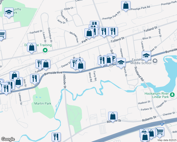 map of restaurants, bars, coffee shops, grocery stores, and more near 539 Burnside Avenue in East Hartford