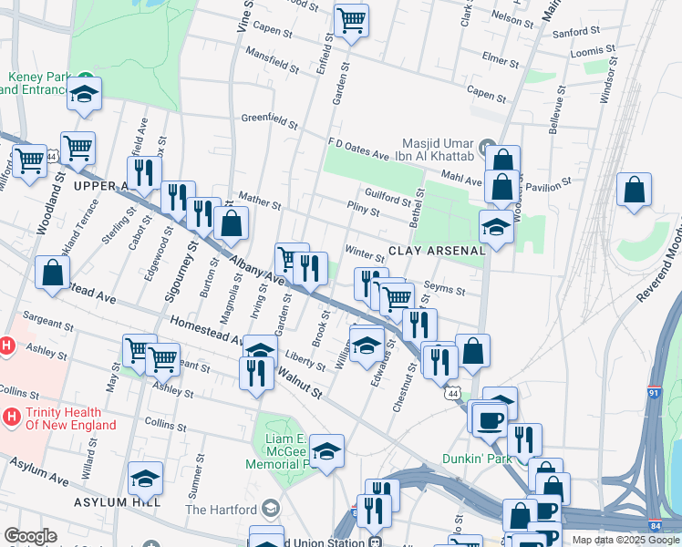 map of restaurants, bars, coffee shops, grocery stores, and more near 118 Fairmount Street in Hartford