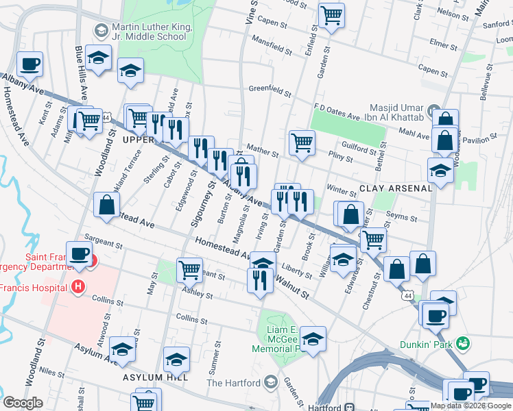 map of restaurants, bars, coffee shops, grocery stores, and more near 605 Albany Avenue in Hartford