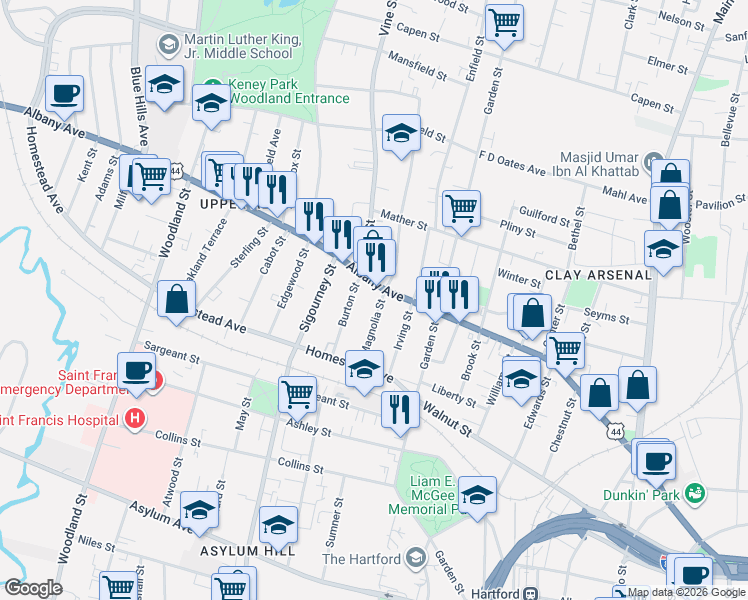 map of restaurants, bars, coffee shops, grocery stores, and more near 51 Magnolia Street in Hartford