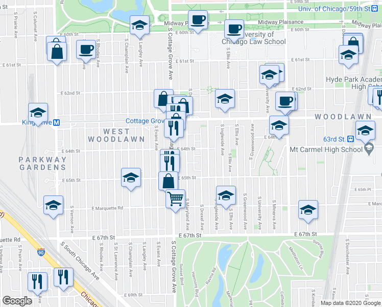map of restaurants, bars, coffee shops, grocery stores, and more near 6452 South Maryland Avenue in Chicago