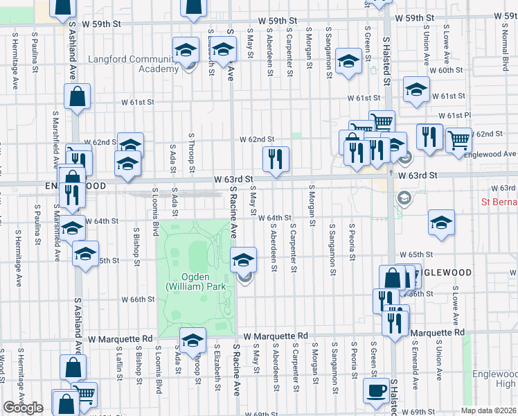 map of restaurants, bars, coffee shops, grocery stores, and more near 1110 West 64th Street in Chicago