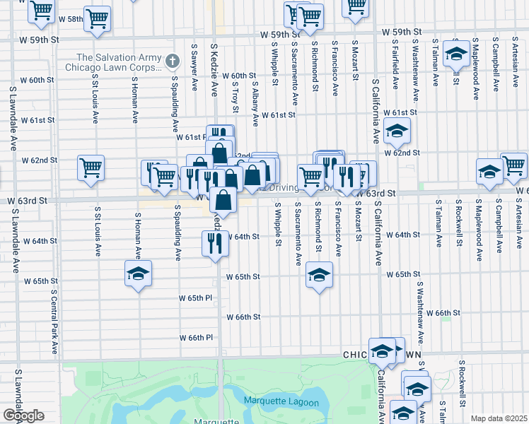 map of restaurants, bars, coffee shops, grocery stores, and more near 6333 South Albany Avenue in Chicago