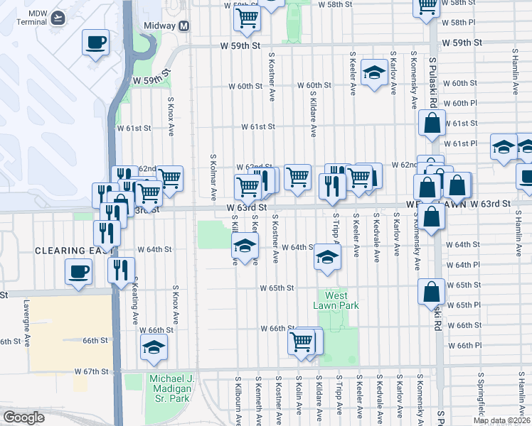 map of restaurants, bars, coffee shops, grocery stores, and more near 6317 South Kenneth Avenue in Chicago