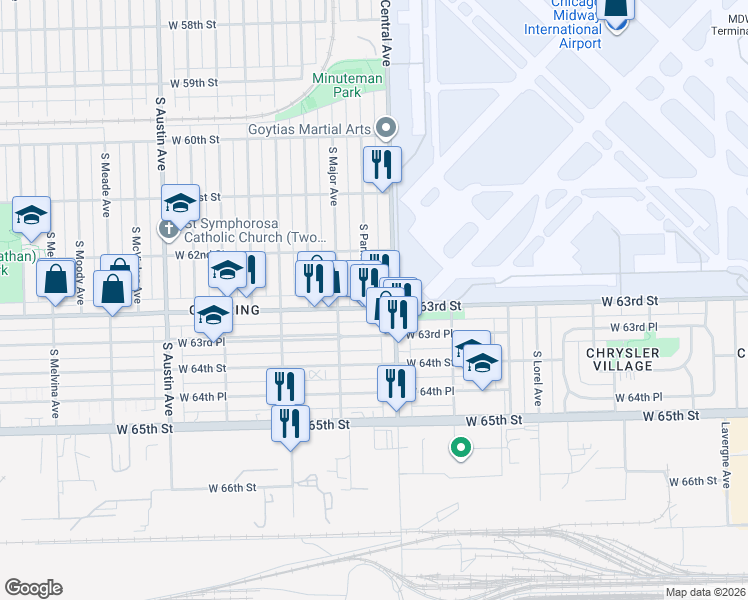 map of restaurants, bars, coffee shops, grocery stores, and more near 5607 West 63rd Street in Chicago