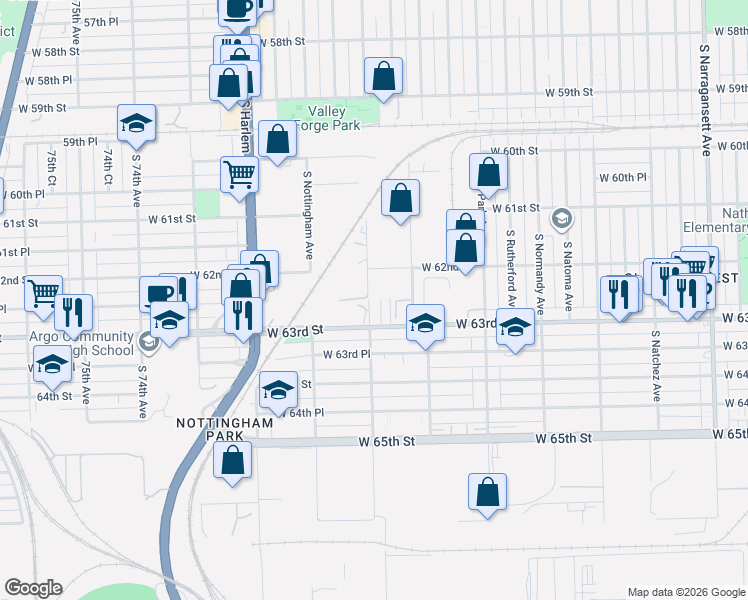 map of restaurants, bars, coffee shops, grocery stores, and more near 7007 West 62nd Street in Chicago