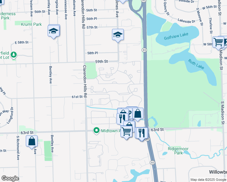 map of restaurants, bars, coffee shops, grocery stores, and more near 82 Lincoln Oaks Drive in Willowbrook