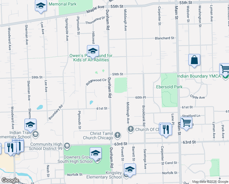 map of restaurants, bars, coffee shops, grocery stores, and more near 6008 Middaugh Court in Downers Grove