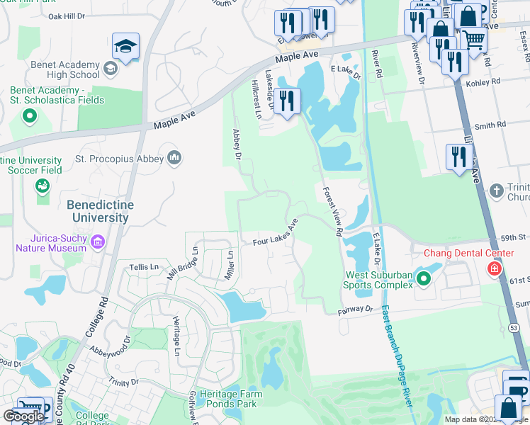 map of restaurants, bars, coffee shops, grocery stores, and more near 6410 Woodsbriar Court in Lisle
