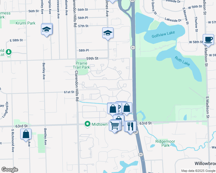 map of restaurants, bars, coffee shops, grocery stores, and more near 70 Lincoln Oaks Drive in Willowbrook