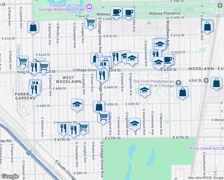 map of restaurants, bars, coffee shops, grocery stores, and more near 6452 South Maryland Avenue in Chicago